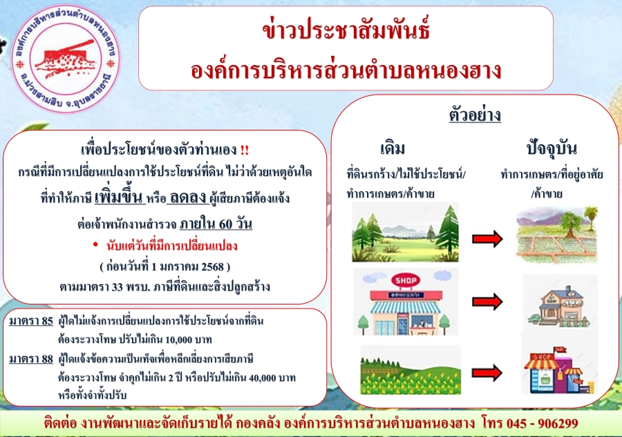 ข่าวประชาสัมพันธ์ภาษีที่ดินและสิ่งปลูกสร้าง  เรื่องการเปลี่ยนแปลงการใช้ประโยชน์ที่ดินและสิ่งปลูกสร้าง ประจำปีงบประมาณ 2568